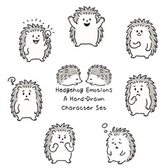 A charming set of hand-drawn hedgehog character illustrations in black and white ink. This collection features a variety of expressive poses and emotions, including sleeping, curled up, surprised, hap © doumokoumo