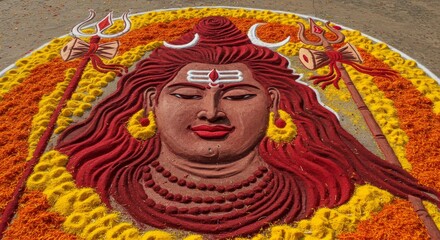 Rangoli art piece made from red and yellow colored powders and flowers, the face of Lord Shiva with his Trishula (trident)