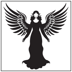 Obraz premium Vector art of black silhouette of an angel with spread wings isolated on white background