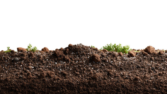 Cross Section of Fertile Soil: A detailed view of fertile soil, showing rich layers of earth, with subtle green sprouts emerging, illustrating the potential for growth.