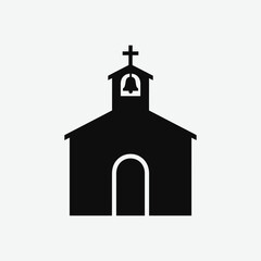 Simple black silhouette of a church with cross and bell tower on white background. Minimalist, balanced, symbolic religious icon clipart.
