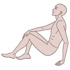 Naklejka premium Stylized illustration of a bald man sitting with legs extended and looking upwards with a thoughtful expression