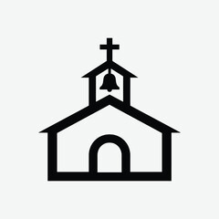 Simple black silhouette of a church with cross and bell tower on white background. Minimalist, balanced, symbolic religious icon clipart.