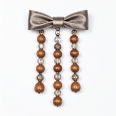Elegant Shiny Metallic Bow Brooch with Brown Beaded Tassels on White Background