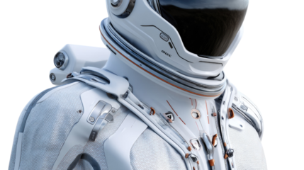 Astronaut's Futuristic Gear: A close-up portrait of an astronaut in advanced space suit, showcasing technological marvel and human exploration. 
