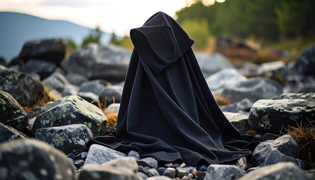 Mysterious hooded figure on rocks