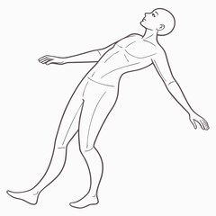 Stylized line art drawing of a bald male figure in a dynamic pose leaning backward with arms outstretched