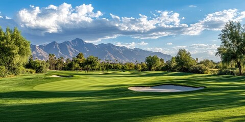 Expansive golf course fairway under a beautiful, partly cloudy sky, with mountains in the background. Lush green grass, a sand trap, and trees frame the scene