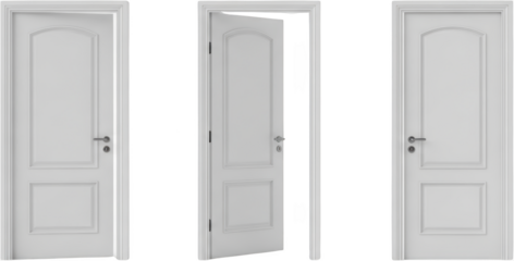 Three white panel doors one slightly ajar featuring arched top panels and silver handles transparent background