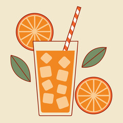 3d icon of glass of orange juice with ice and orange slices
