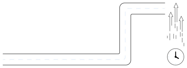 Road turns sharply into upward arrows depicting success, growth, and progress accompanied by a clock. Ideal for strategy, time management, planning, goal setting, career, business growth simple flat