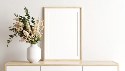 Minimalist table with frame flowers and vase, perfect for interior design, home decor, lifestyle blogs, or floral arrangement concepts.