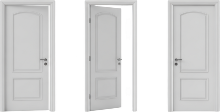Three white panel doors one slightly ajar featuring arched top panels and silver handles transparent background - Powered by Adobe