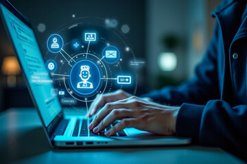 hand pushing a button on a laptop.AI-powered code analysis and system error detection, robot assistant identifying bugs in real-time. Perfect for content about intelligent programming, debugging.