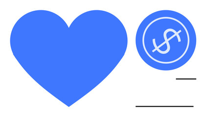 Blue heart next to a dollar icon in a simple layout. Ideal for love, charity, finance, donation, health, emotions, and minimalism. A clean simple flat metaphor