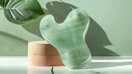 Fototapeta premium A light green gua sha tool on a small pedestal with a green leaf in the background casting shadows .