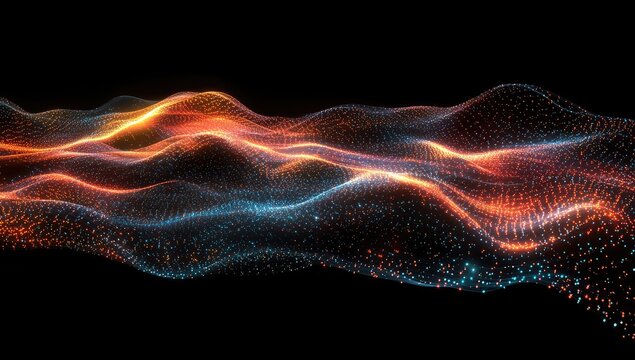Abstract wavy form of glowing particles in orange and teal
