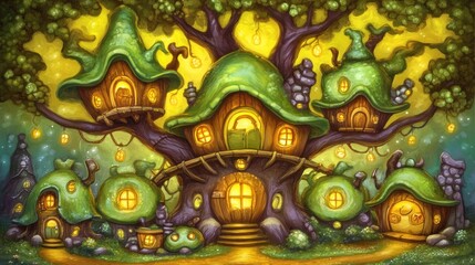 Enchanting fairy village nestled within a giant tree, with luminous homes, glowing lights, and whimsical architecture.