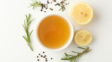 Top view of a white cup of herbal tea with lemon slices, rosemary sprigs, and peppercorns on white background.