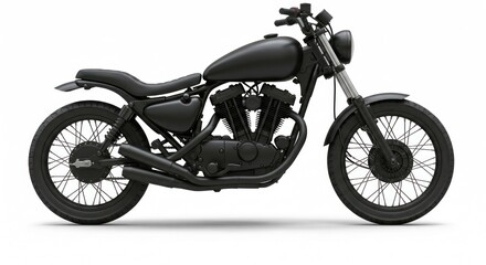 Matte black motorcycle with spoked wheels. Side view, clean design, minimalist aesthetics