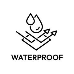 Waterproof icon set. Water resistant symbol. Water protection, liquid proof protection. Arrows with water drop. Anti wetting material, surface protection. Waterproof logo, label, badge, line, vector.