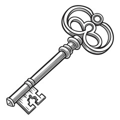 Vintage ornate skeleton key with intricate bow and detailed bit isolated on white background