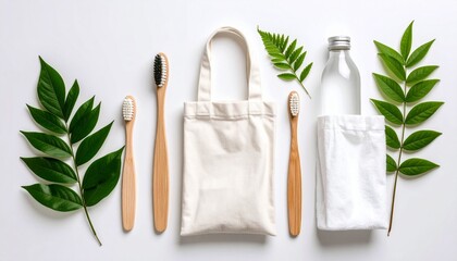 A flat lay concept of zero waste personal care items. Eco-friendly bamboo toothbrushes, a reusable cotton tote bag, and a glass bottle for a sustainable lifestyle.