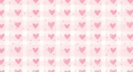 Pink hearts on a light pink plaid background, interspersed with tiny pink dots, romantic, sweet, and delicate