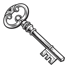 Ornate antique skeleton key with decorative bow and intricate bit isolated on white background