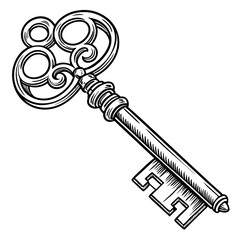 Ornate antique skeleton key with decorative bow and detailed bit in a vintage black and white illustration