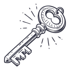Vintage ornate key with radiating lines symbolizing success discovery or a breakthrough