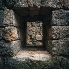 Obraz premium A unique view through a stone window, revealing an older stone wall and some hints of the outdoors beyond
