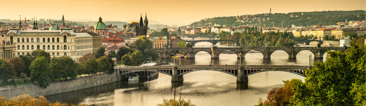 Prague Charles bridge over the Vltava River panorama in Czech Republic