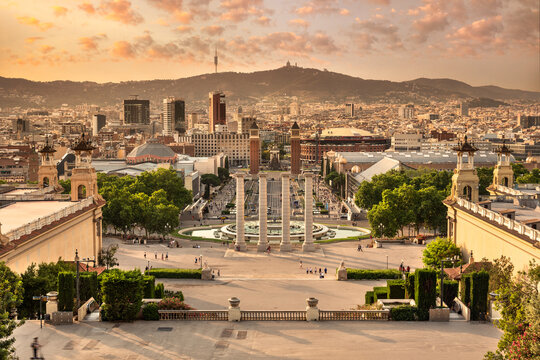 Cityscape view from Montju&iuml;c mountain in Barcelona Catalonia Spain