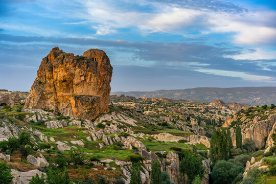 Ortahisar landscape illuminating during sunrise in Cappadocia,