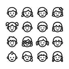 Simple Outline Child Face Avatar Icon Set Minimalist Black and White