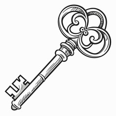 Ornate antique skeleton key with decorative bow and detailed bit in black and white sketch style
