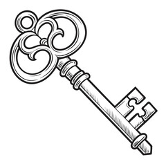 Ornate vintage skeleton key with intricate scrollwork on the bow and a detailed bit isolated on white