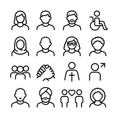 Simple Thin Line People Diverse Group Outline Icon Set