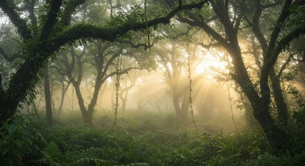 Obraz premium Misty dawn sunlight filters through a dense, verdant forest, illuminating the hanging vines and moss-covered trees, creating a mystical, ethereal atmosphere