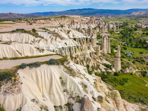 Drone aerial view of Love Valley's fairy chimneys in Cappadocia Turkey