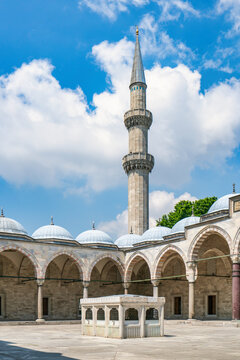 Suleymaniye Mosque courtyard and minaret in Istanbul, Turkey