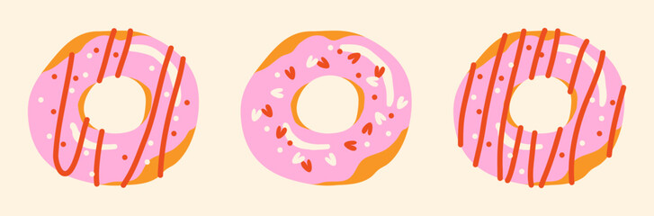 Set of different donuts with pink glaze and confectionery sprinkles on light background; top view; cute simple vector hand drawn illustration; drawing, flat style