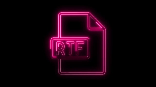 Glowing pink neon R T F file icon with transparent background for digital document and technology concepts