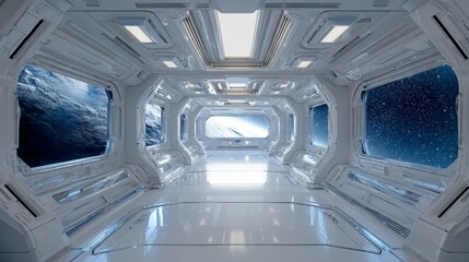 Spacious futuristic spaceship corridor with view of stars and Earth