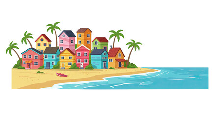 Colorful Cartoon Houses on Beach with Blue Ocean and Palm Trees