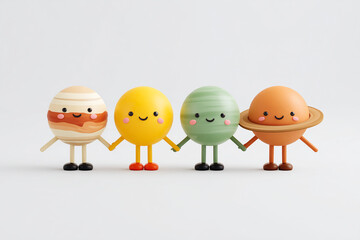 Funny miniatures of the planets of the solar system standing together and holding hands