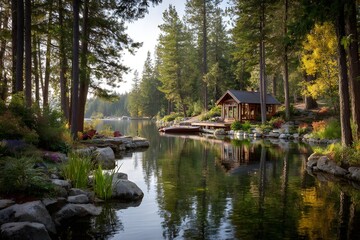 Obraz premium Tranquil Lakeside Retreat Surrounded by Tall Pine Trees: Serene Vacation Rentals for Nature Lovers Families