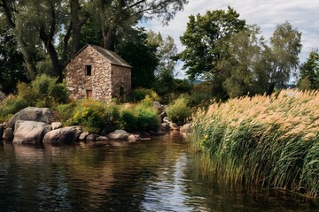 Obraz premium Relax By A Tranquil Riverbank With Swaying Reeds And Gentle Reflections Under Morning Dappled Sunlight