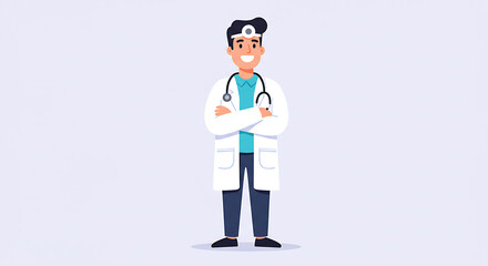 Friendly Cartoon Doctor Standing Confidently with Stethoscope and White Coat Illustration